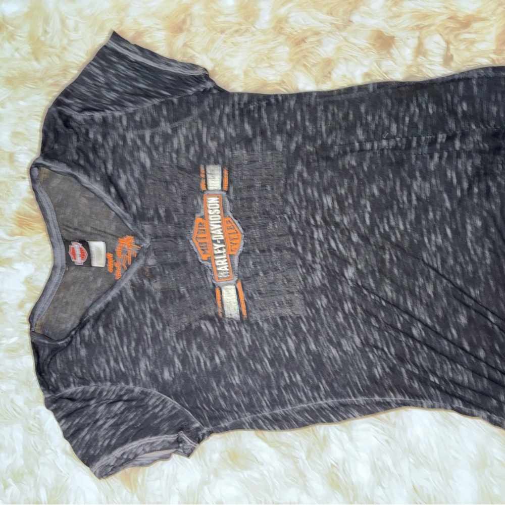 Harley-Davidson Charcoal Gray V-Neck Tee with Orange Logo Accents